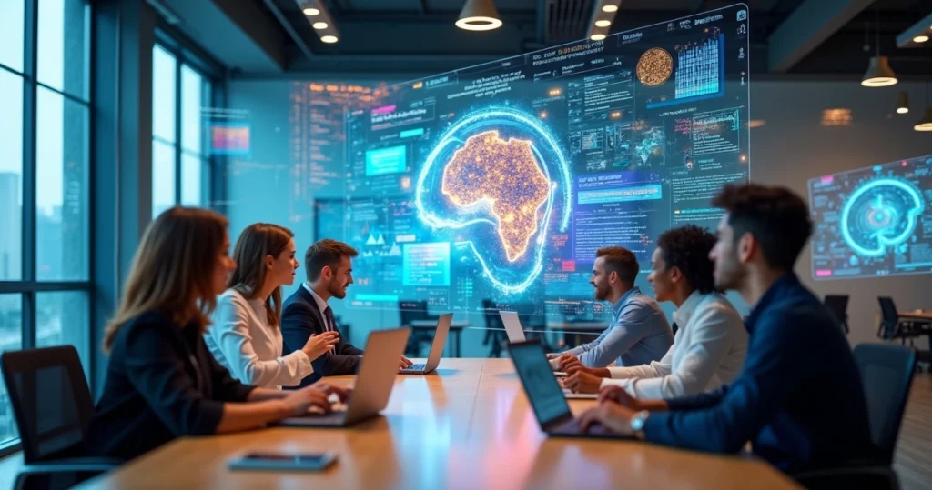 Ambiente corporativo moderno com profissionais usando inteligência artificial em telas digitais e gráficos coloridos.