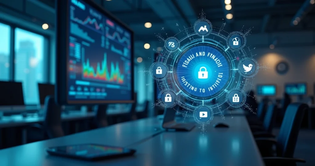 Interface digital mostrando análise de dados fiscais com gráficos e ícones de segurança cibernética ao fundo