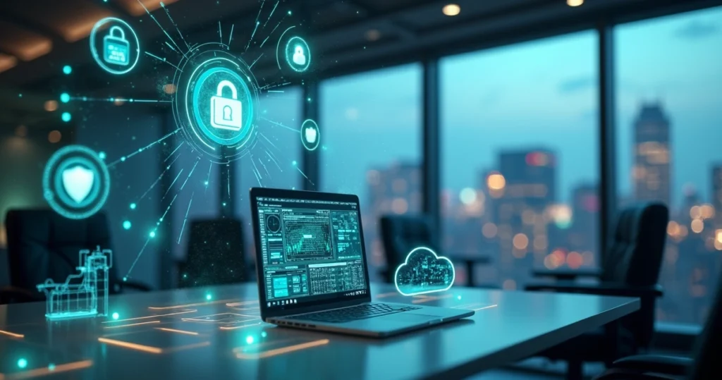 Dispositivos IoT conectados em rede com elementos gráficos de segurança digital e ambiente empresarial moderno