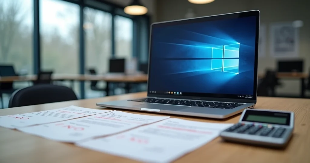 Mesa de escritório com laptop aberto mostrando tela de software Microsoft, documentos com erros marcados em vermelho e calculadora ao lado