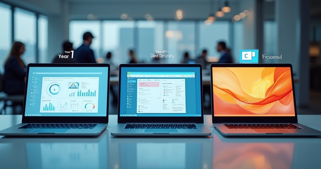 Linha do tempo mostrando envelhecimento de um notebook corporativo