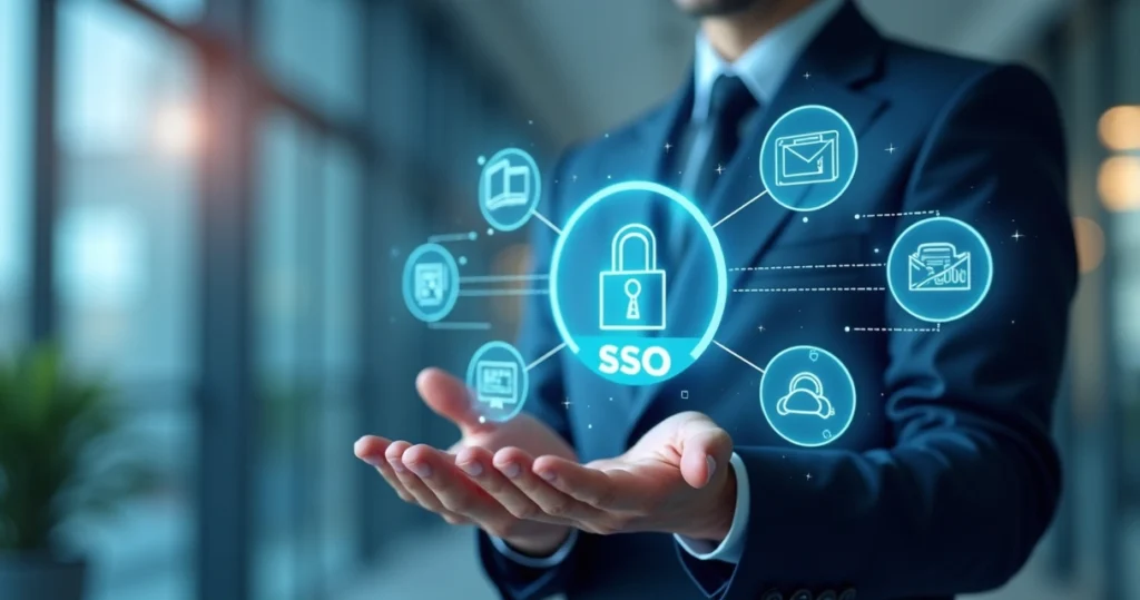 Interface digital mostrando múltiplos sistemas acessados com um único login seguro SSO