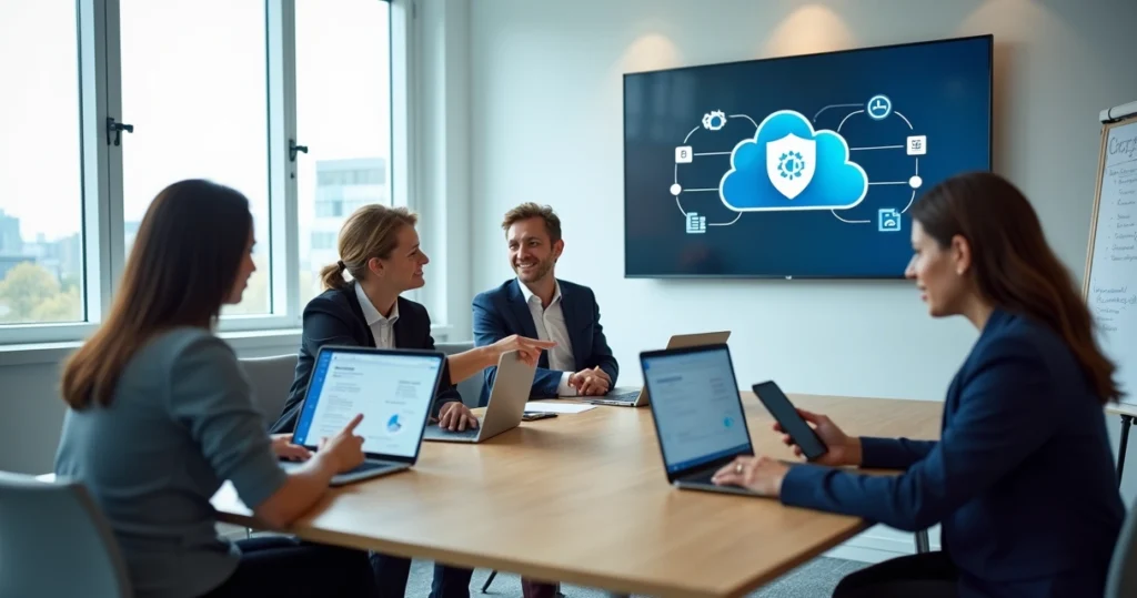 Gestores de pequena empresa usando Microsoft 365 Copilot em ambiente de escritório moderno