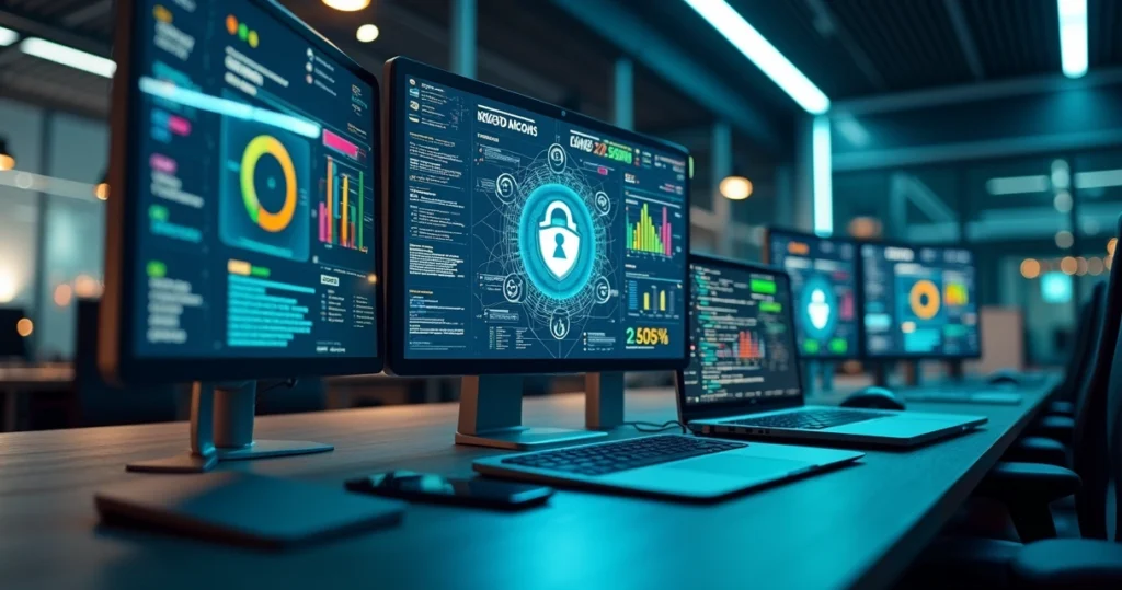 Computadores e dispositivos conectados mostrando monitoramento em tempo real de segurança e desempenho em ambiente corporativo moderno