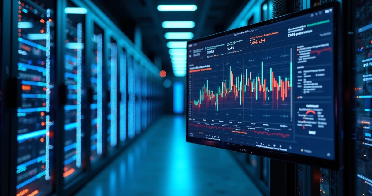 Monitoramento em tempo real de servidores de TI com gráficos e alertas visíveis na tela