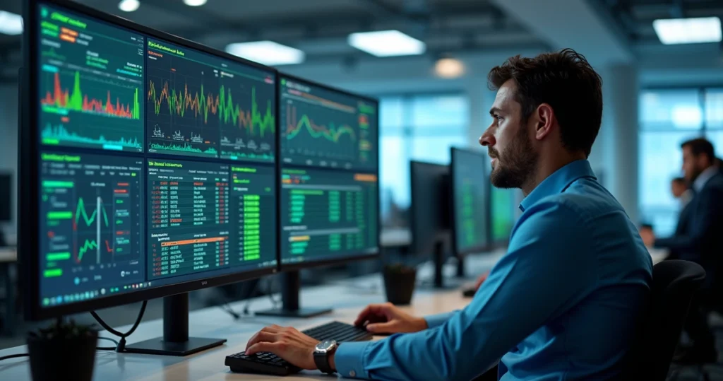 Tela de monitoramento de rede de TI com gráficos e alertas em ambiente moderno de escritório