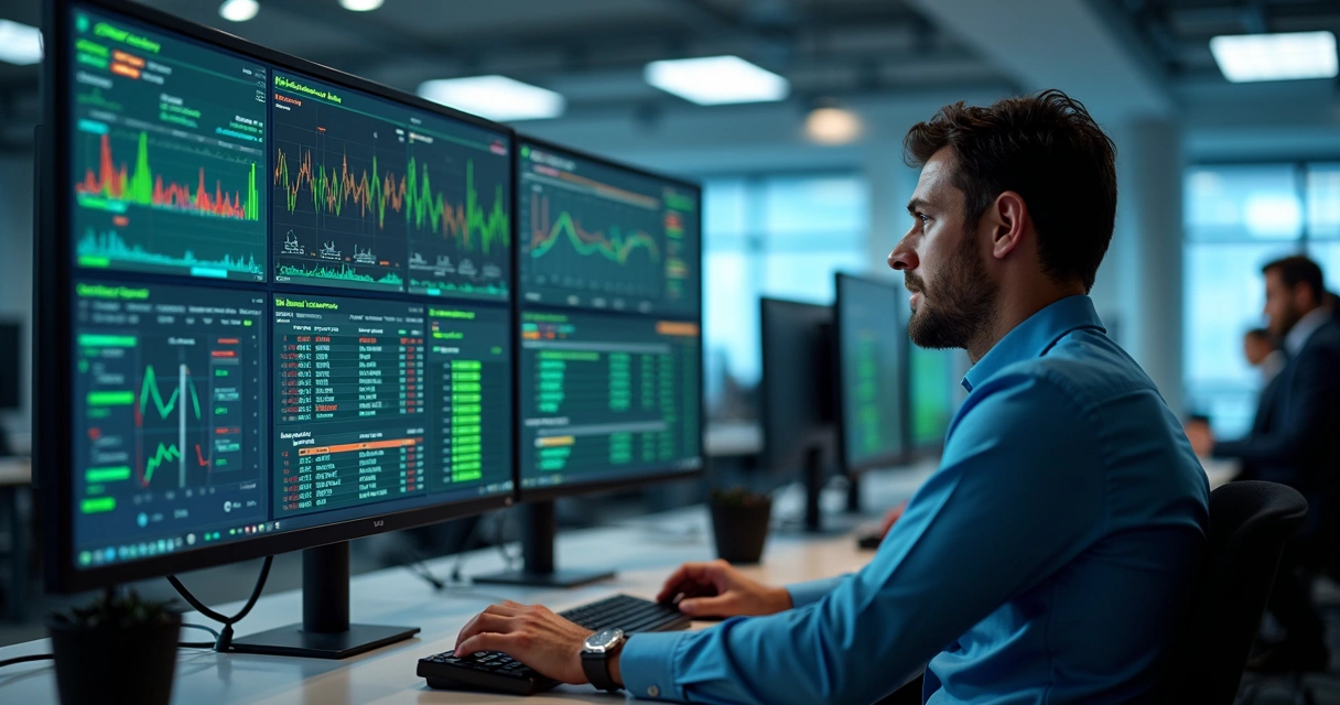 Tela de monitoramento de rede de TI com gráficos e alertas em ambiente moderno de escritório