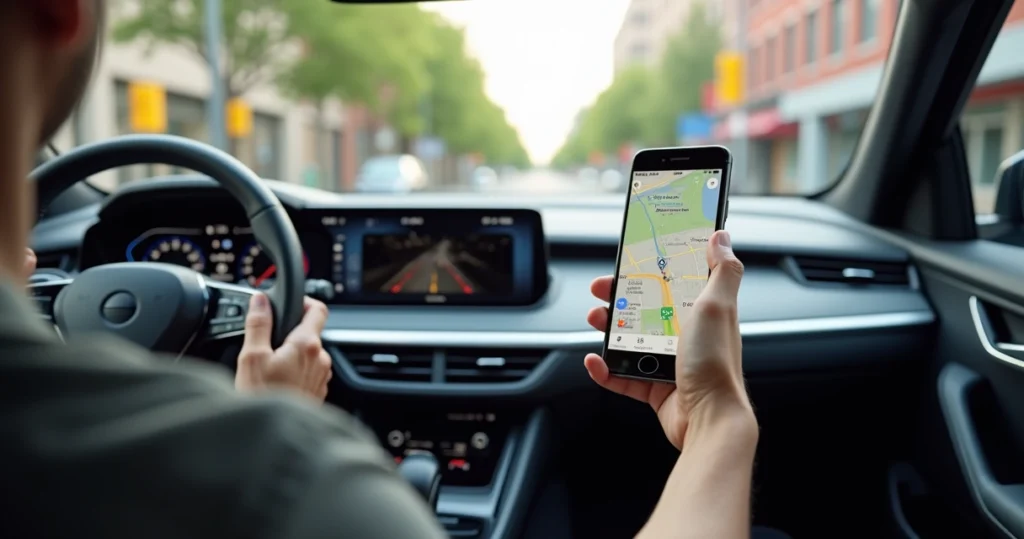 Pessoa dirigindo com smartphone mostrando Google Maps com navegação por pontos de referência visuais