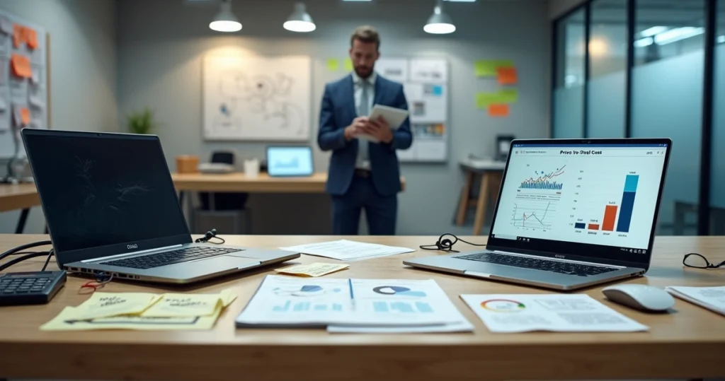 Gestor observando comparação visual entre notebook barato quebrado e notebook corporativo eficiente