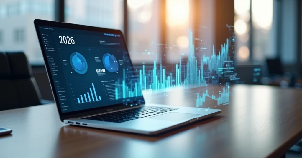 Notebook corporativo aberto sobre mesa moderna com gráficos e tendências no fundo