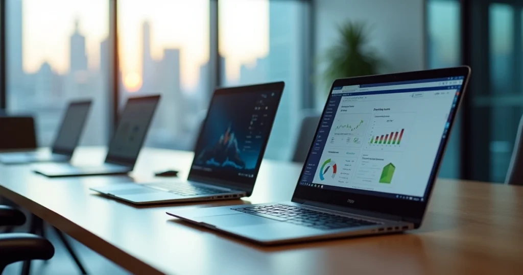 Vários notebooks corporativos alinhados em mesa de reunião de empresa