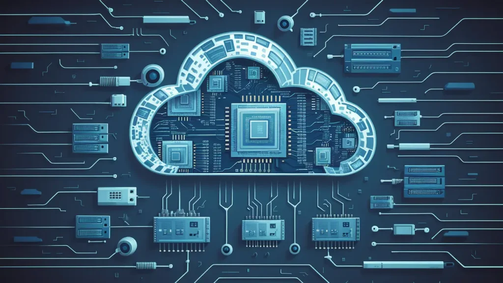 Nuvem digital formada por chips e dados conectados, cercada por servidores e cabos menores em tons de azul e branco.