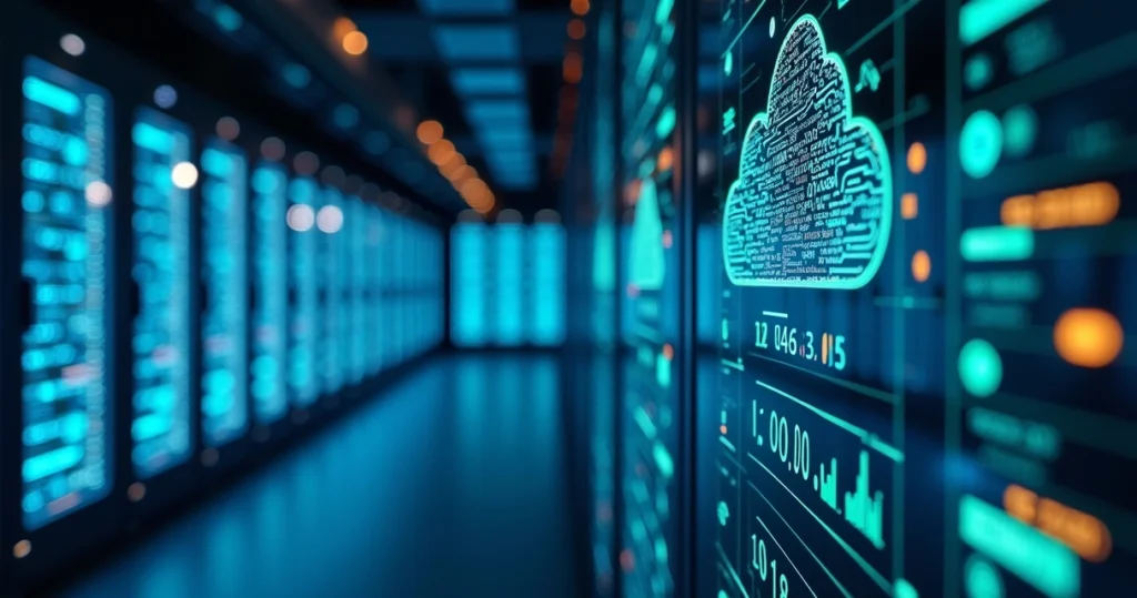 Centro de dados moderno com servidores iluminados e computadores exibindo gráficos digitais interconectados simbolizando nuvem híbrida e inteligência artificial nas empresas