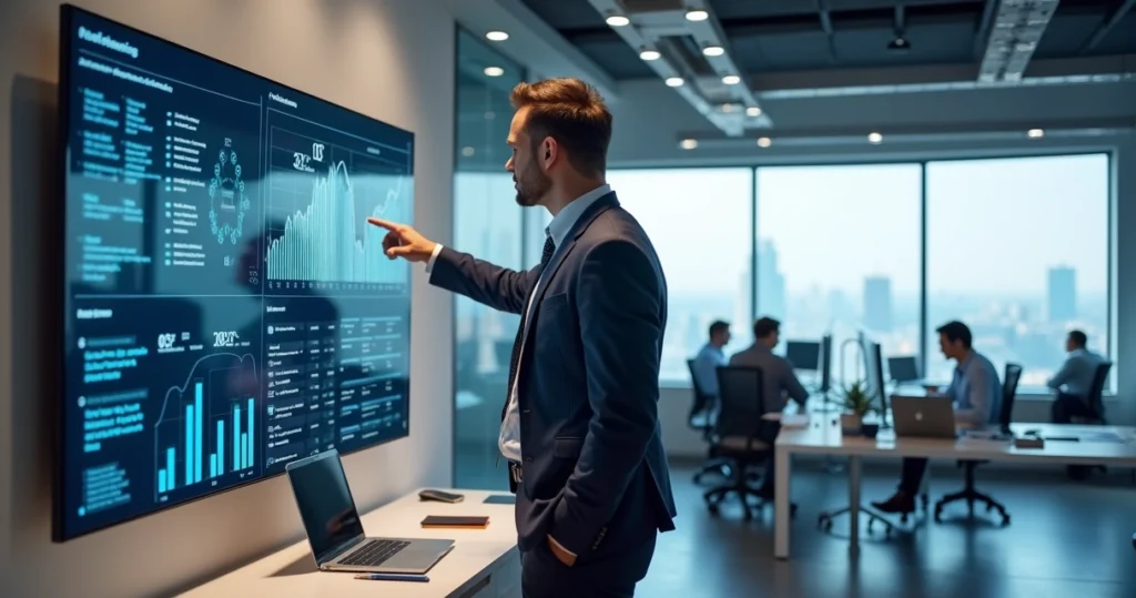 Gestor de contabilidade analisando painel de tecnologia em escritório organizado