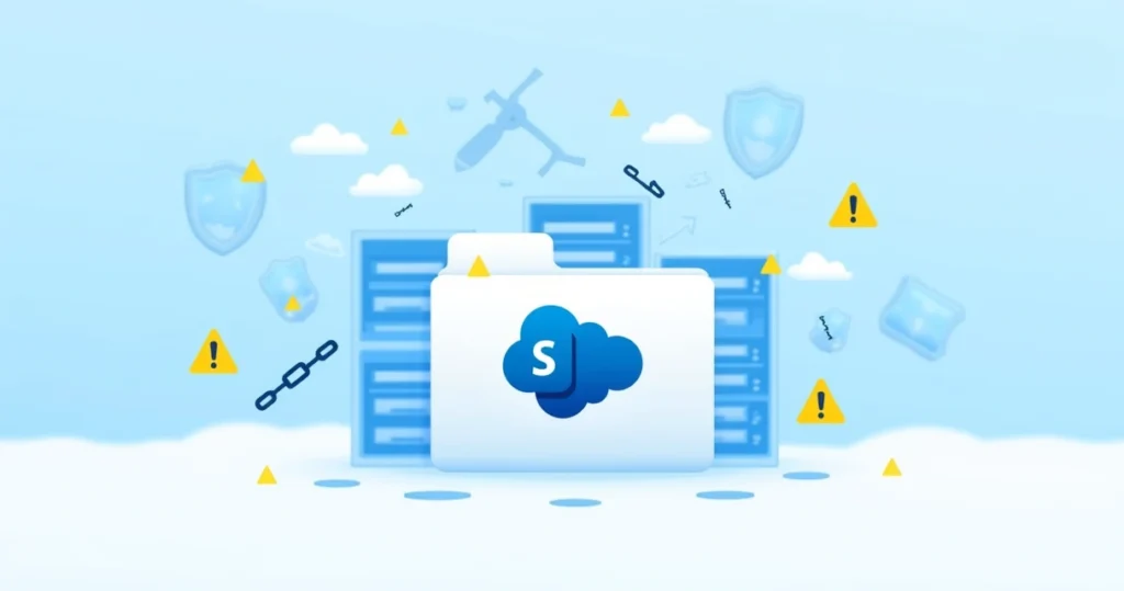 Illustration showing a digital folder with warning icons and broken chains representing risk of data loss in SharePoint