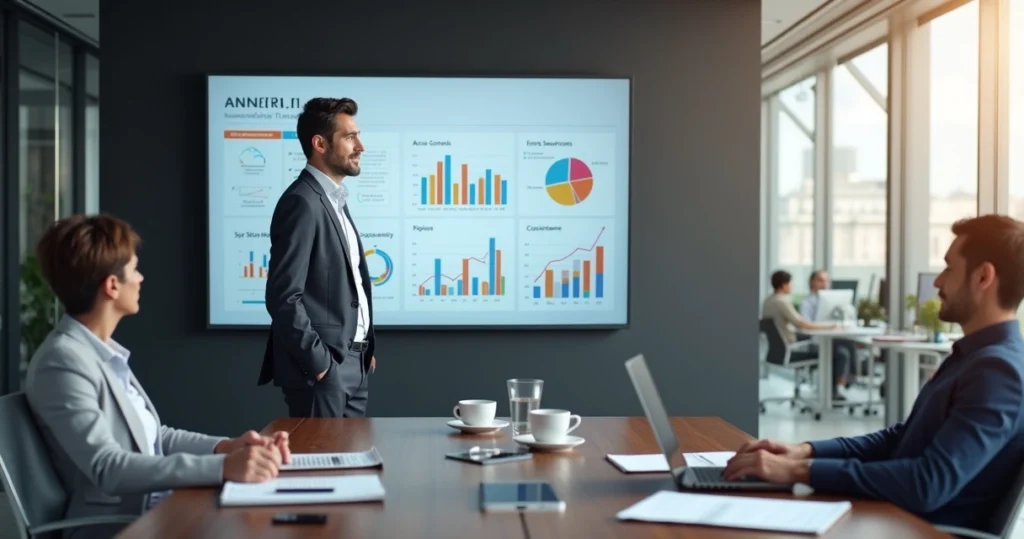 Gestor analisa planejamento anual de investimentos em TI com dashboard em tela grande