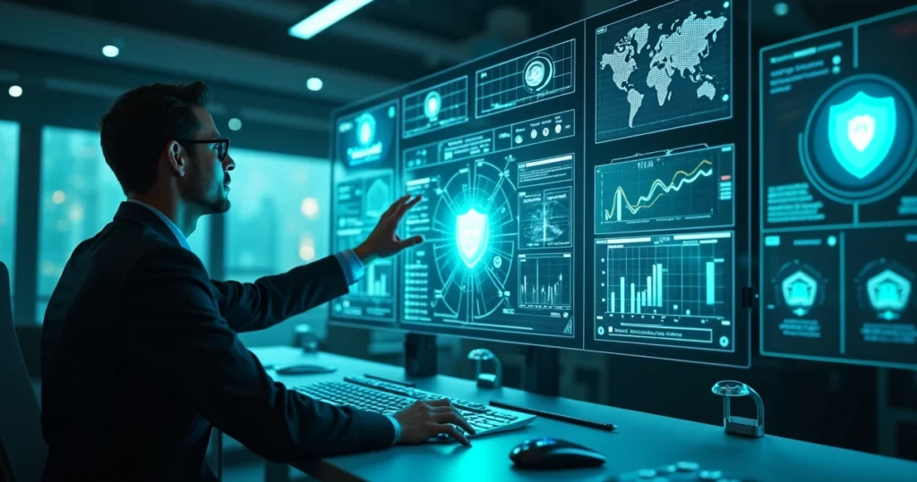 Profissional analisando gráficos digitais de segurança cibernética em múltiplas telas transparentes em ambiente tecnológico futurista