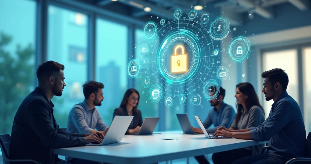 Ilustração de equipe de TI trabalhando em políticas de segurança digital na empresa com gráficos de monitoramento e cadeados digitais