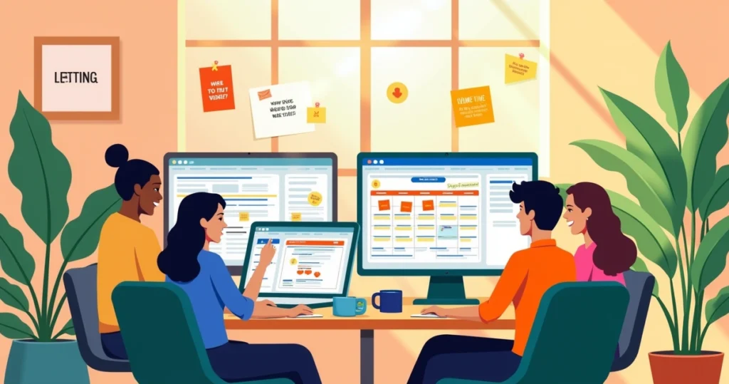 Profissionais em um escritório utilizando Outlook e Bookings, com tela de calendário e ambiente produtivo.