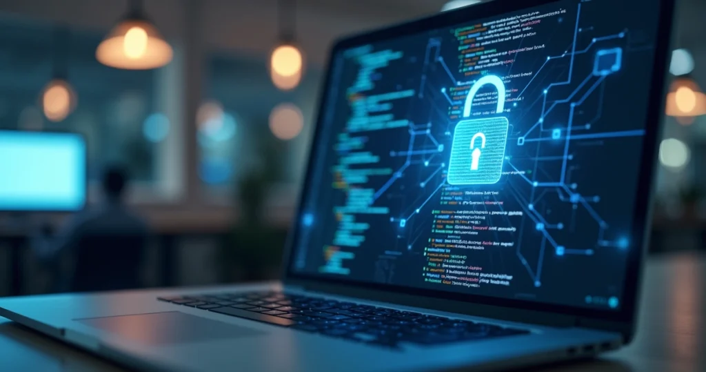 Computador com tela de código de segurança, cadeado digital e escudo de proteção ao fundo em ambiente corporativo moderno