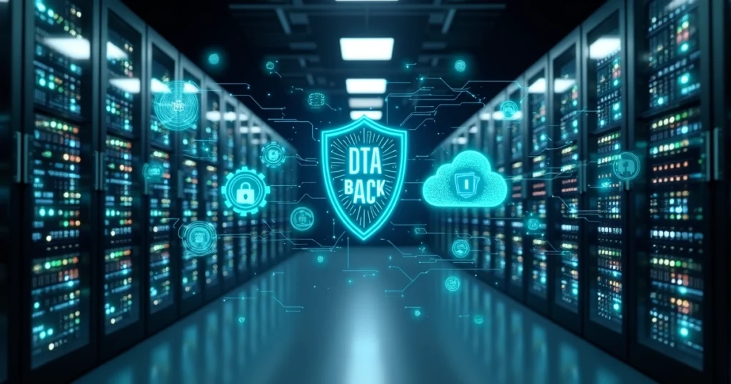 Servidores de informática em centro de dados com gráficos de segurança e backups digitais no fundo