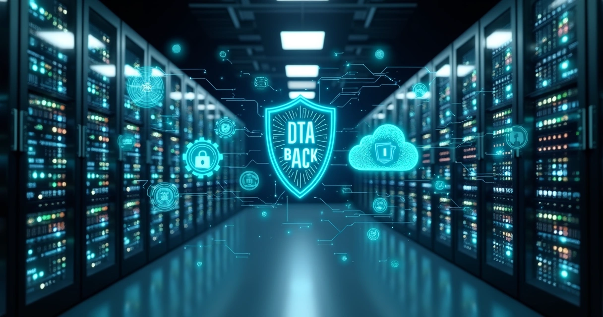 Servidores de informática em centro de dados com gráficos de segurança e backups digitais no fundo