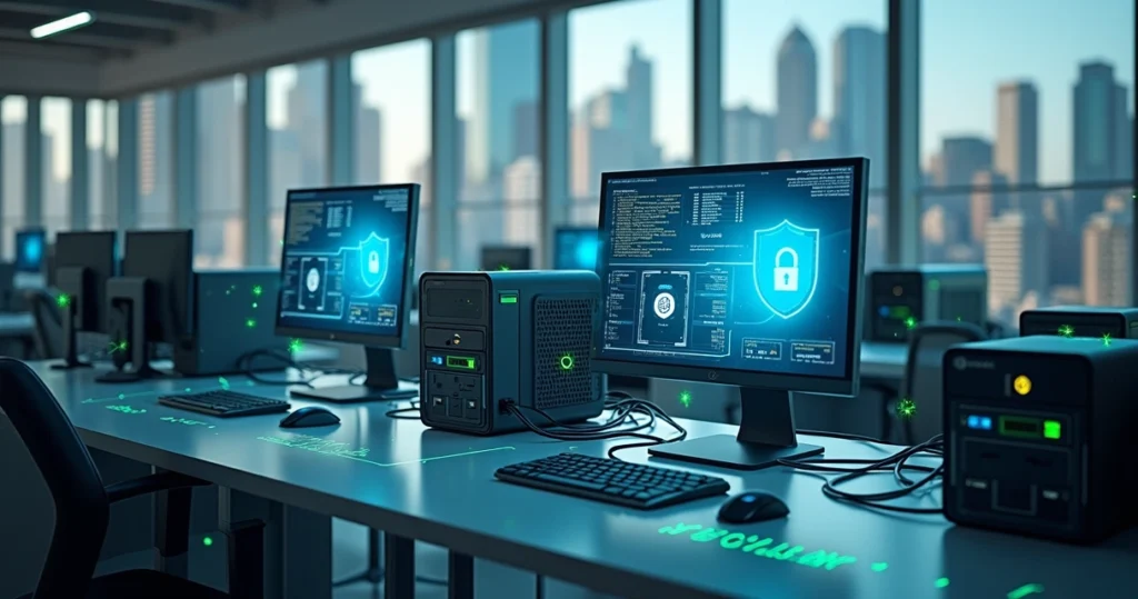 Infraestrutura tecnológica de conexão estável entre várias filiais com servidores, computadores e gráficos digitais