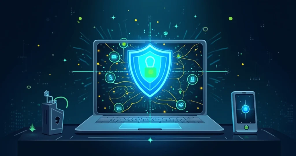 Representação artística de uma rede privada virtual (VPN) com um escudo digital e fluxos de dados ao redor.