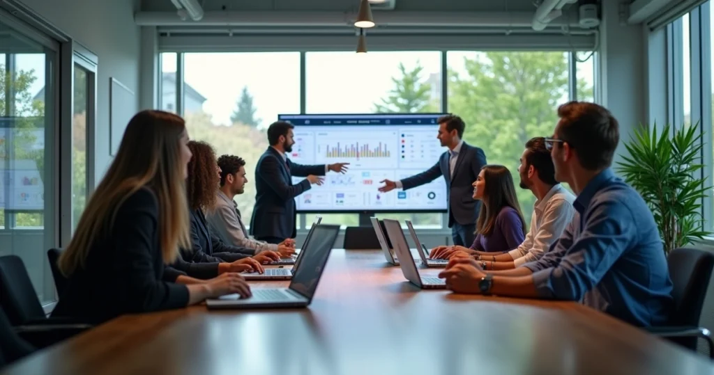Equipe de profissionais em reunião usando computadores em ambiente moderno de escritório com luz natural
