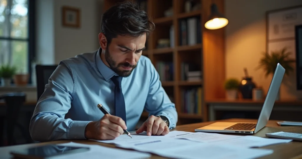 Pessoa analisando contratos de TI em escritório moderno com laptop e documentos espalhados