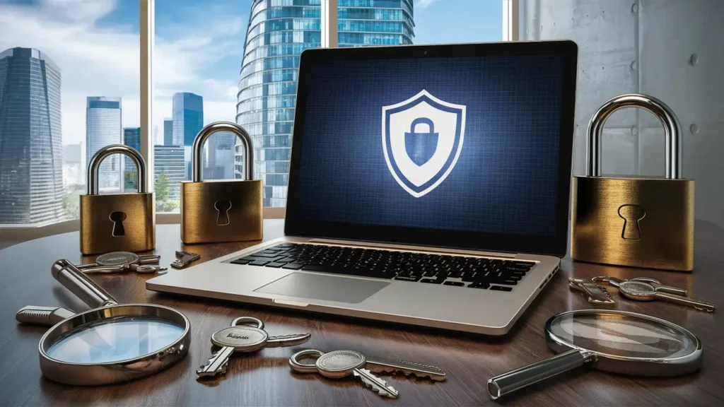 Laptop em mesa de escritório com ícone de escudo na tela, cercado por cadeados, chaves e lupa com cidade ao fundo.