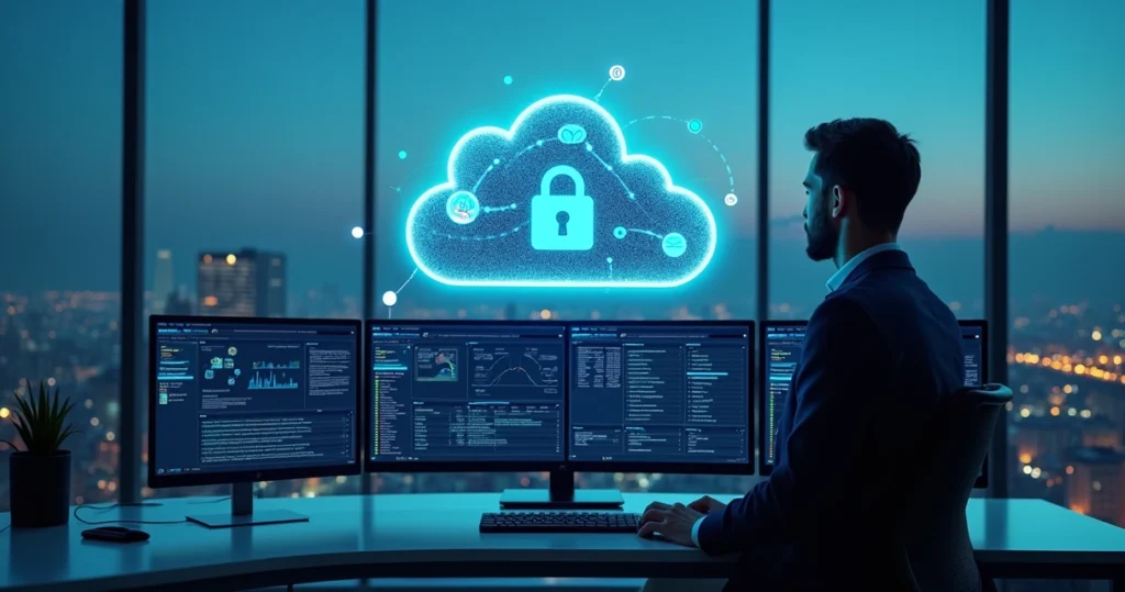 Gestor observando painel de segurança em nuvem com ícones de SaaS e cadeado digital