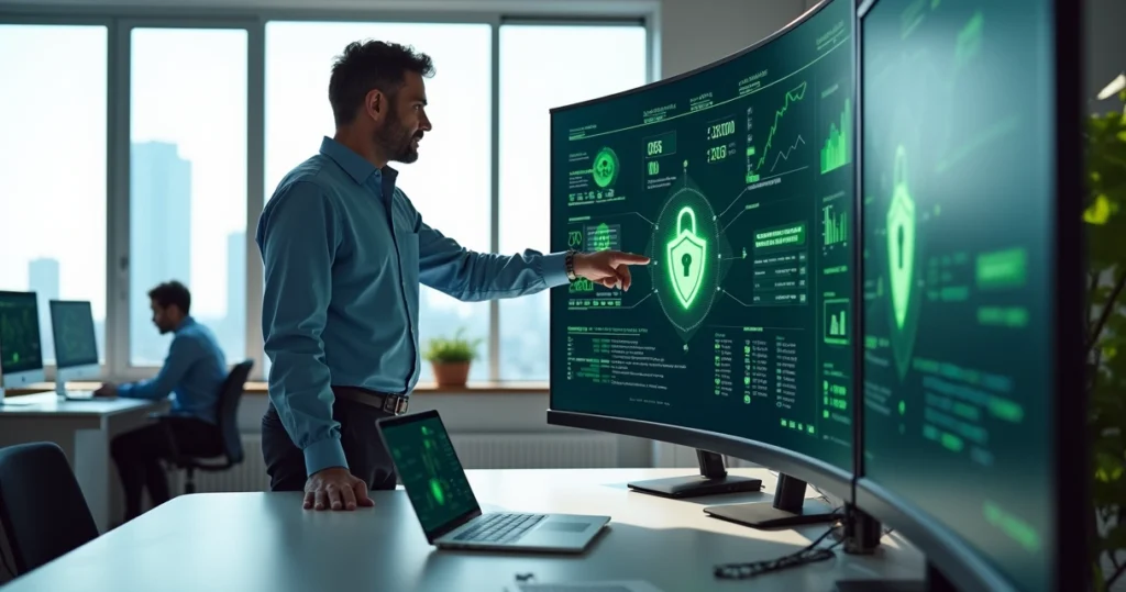 Gestor contábil analisando painel de segurança em vários dispositivos no escritório