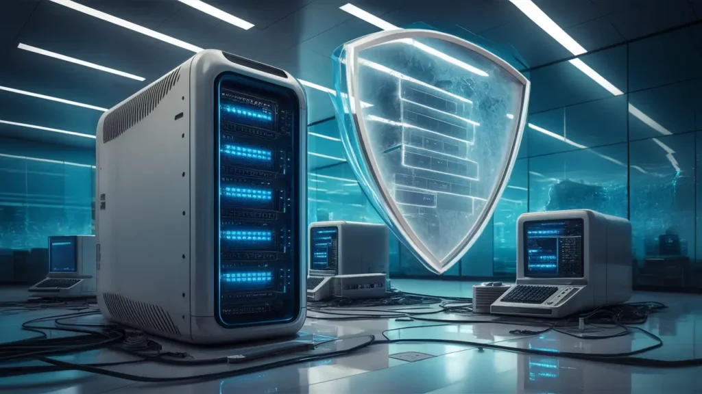 Servidor de computador moderno com luzes azuis rodeado por computadores menores e cabos em um escritório contemporâneo.