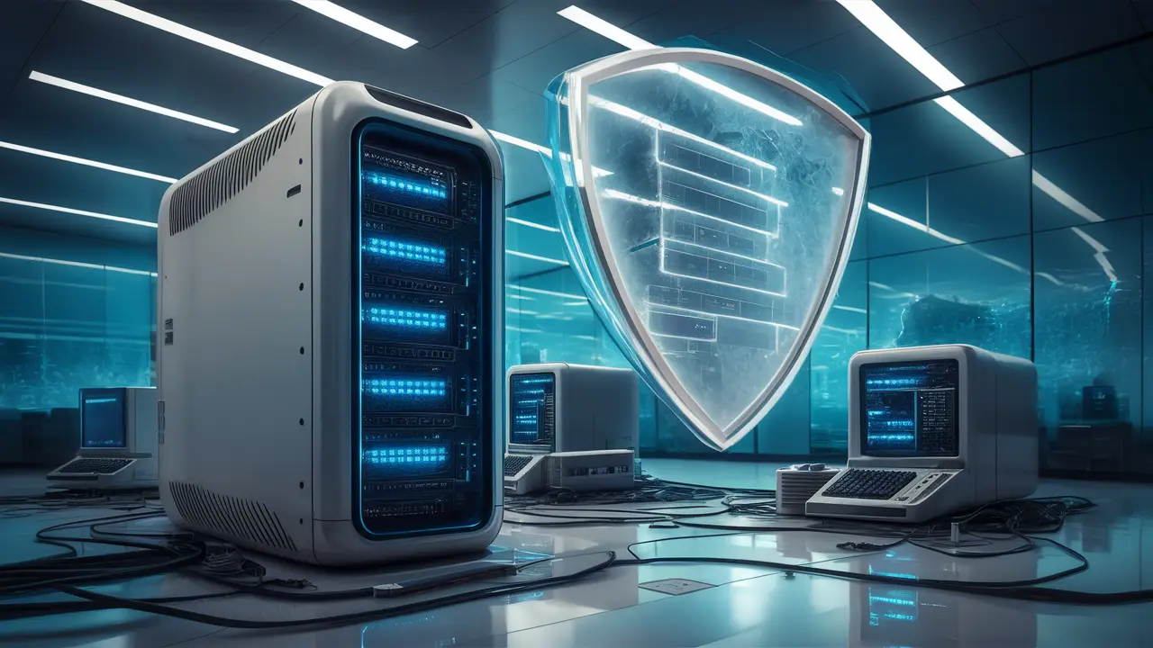 Servidor de computador moderno com luzes azuis rodeado por computadores menores e cabos em um escritório contemporâneo.