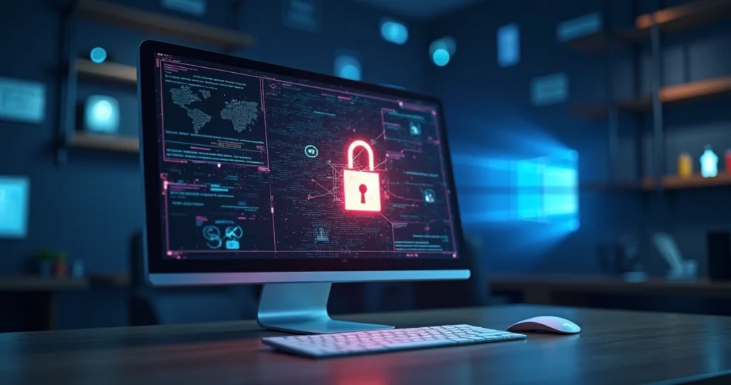 Computador com cadeado digital flutuante e rede cibernética em fundo escuro