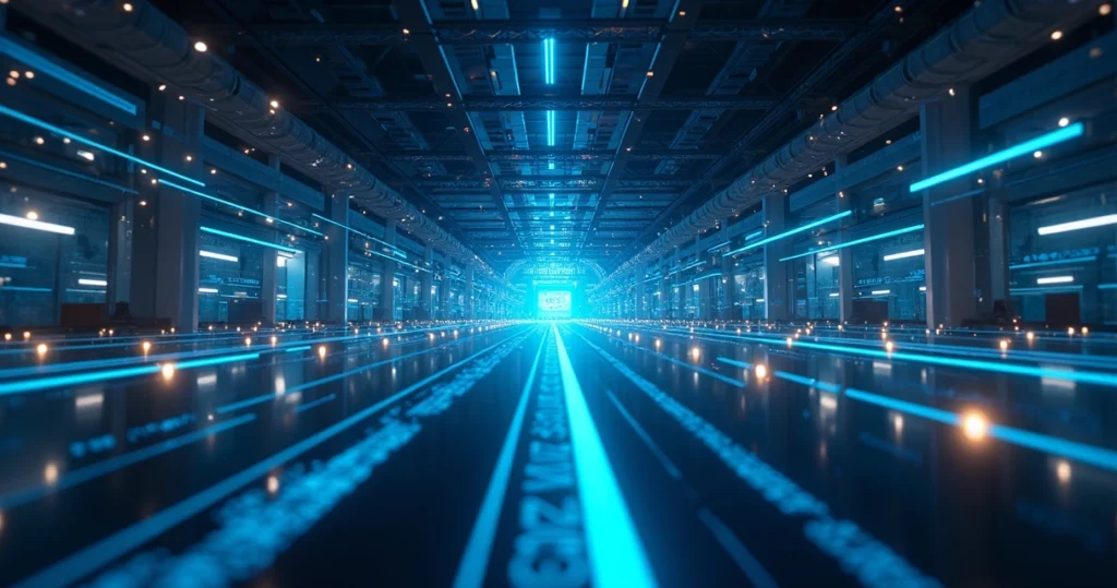 Ilustração ultra detalhada de ambiente corporativo com camadas de proteção digital e cadeados holográficos representando o conceito Zero Trust