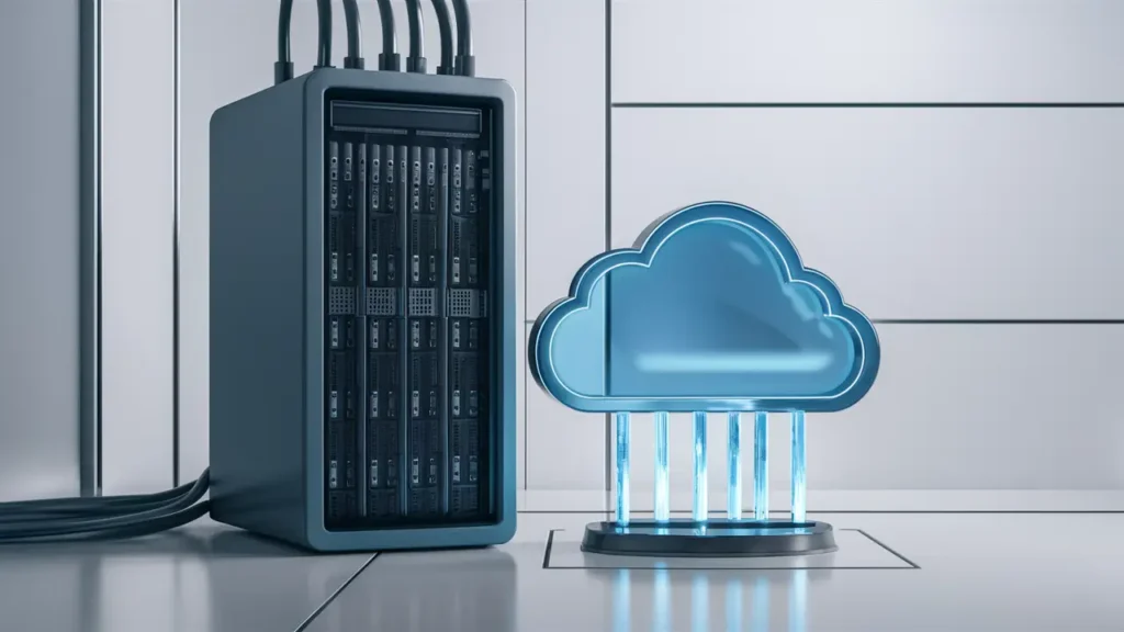 Servidor moderno ao lado de um holograma de nuvem em um escritório, simbolizando computação em nuvem.