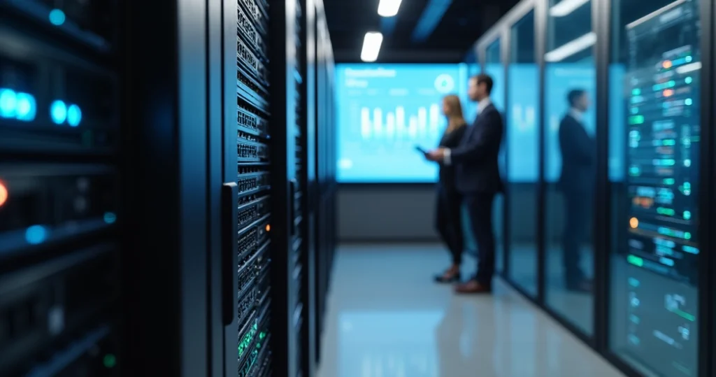 Servidor NAS em rack de data center com equipe analisando painel de controle