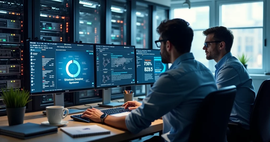 Mesa com computador mostrando sistema contábil travado, técnicos de TI analisando servidores e telas com gráficos técnicos