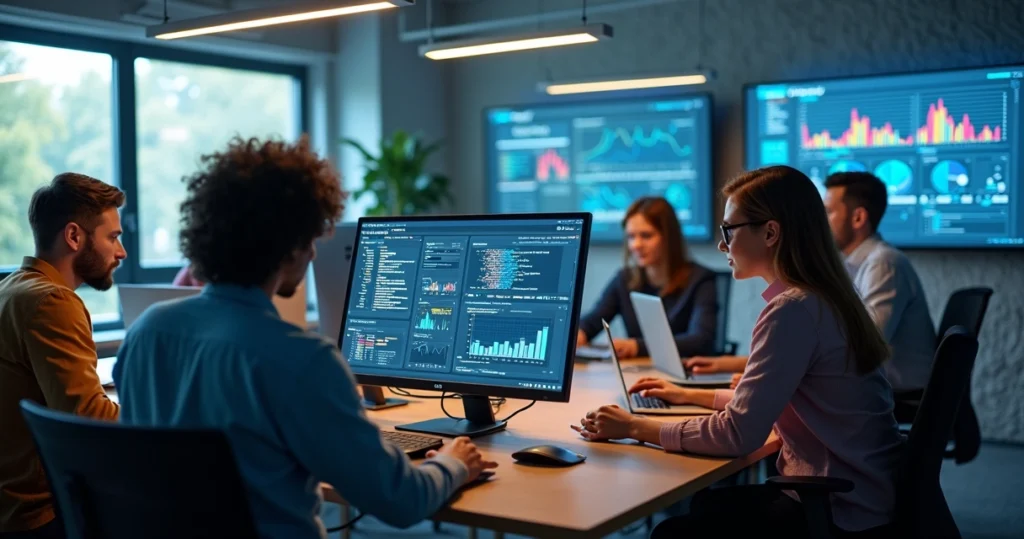 Escritório moderno de startup de tecnologia com equipe trabalhando em desenvolvimento de inteligência artificial, computadores com gráficos e códigos em telas, ambiente claro e avançado