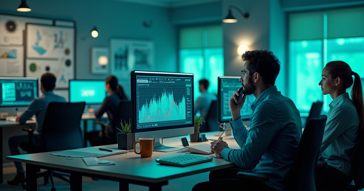 Equipe de suporte de TI em um escritório moderno, trabalhando em colaboração e resolvendo problemas tecnológicos.