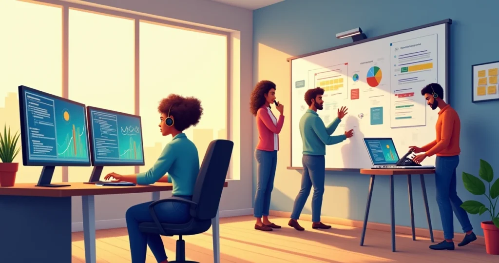 Equipe de suporte de TI trabalhando em um escritório moderno, com monitores e gráficos visíveis.