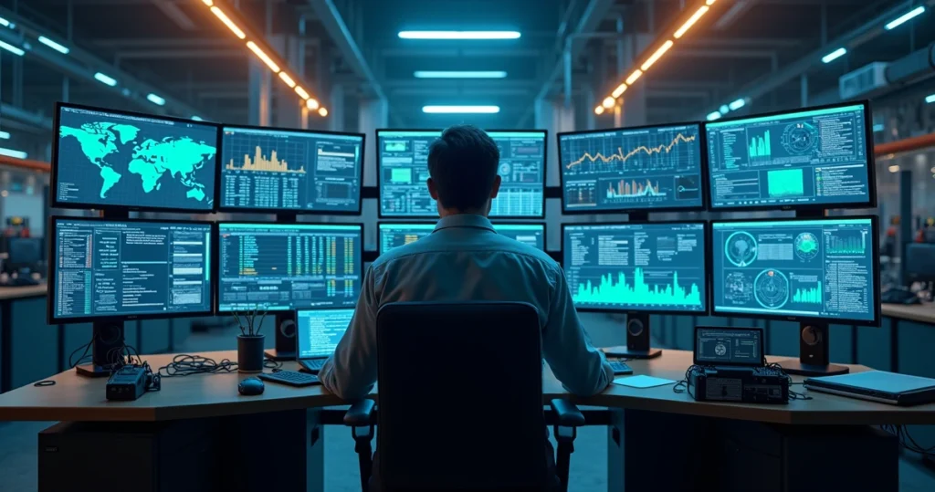 Técnico de TI monitorando múltiplos sistemas em telas com gráficos e alertas em ambiente industrial moderno