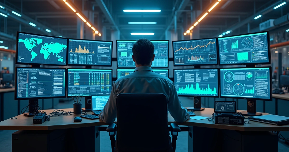 Técnico de TI monitorando múltiplos sistemas em telas com gráficos e alertas em ambiente industrial moderno