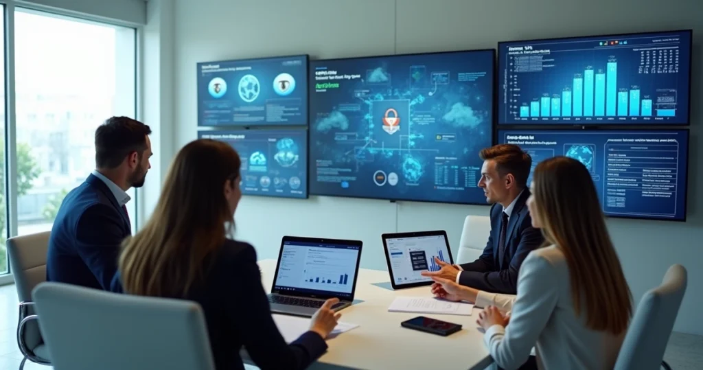 Equipe de TI e contabilidade analisando painéis de sistemas em escritório moderno