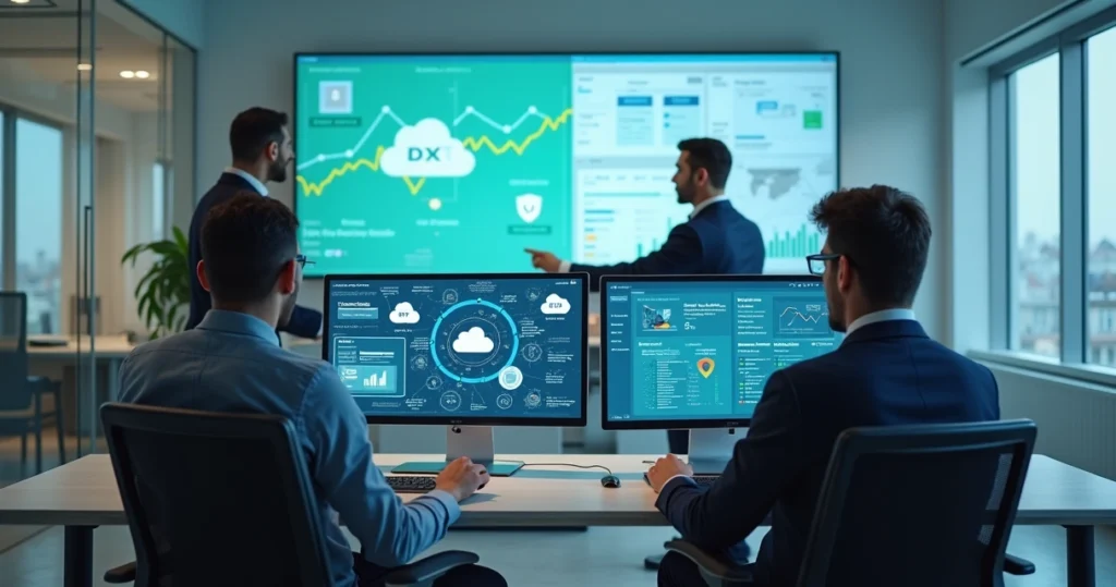 Equipe de TI monitora sistemas contábeis em escritório moderno de contabilidade