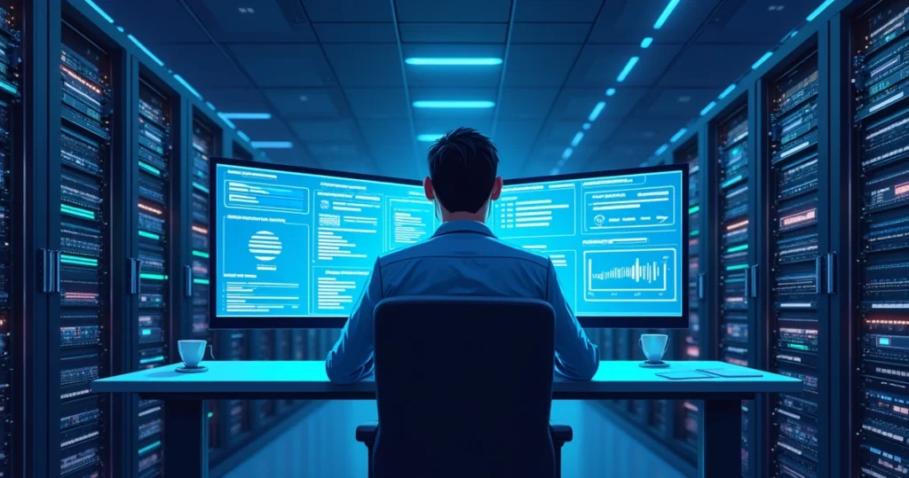 Técnico monitorando servidores em sala com equipamentos de TI e telas de monitoramento