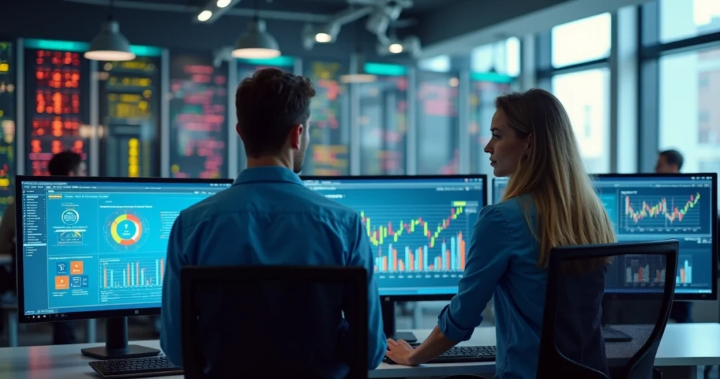 Mesa de trabalho com monitores exibindo gráficos de sistemas de TI, servidores modernos ao fundo e profissionais analisando dados em ambiente corporativo iluminado por luz natural