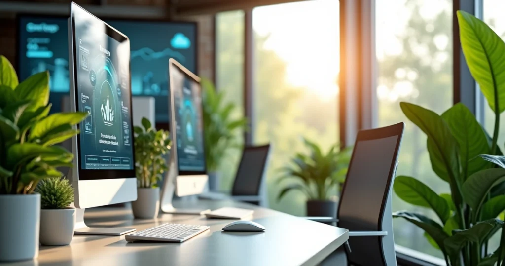 Escritório moderno com computadores e plantas, destacando sustentabilidade e tecnologia verde